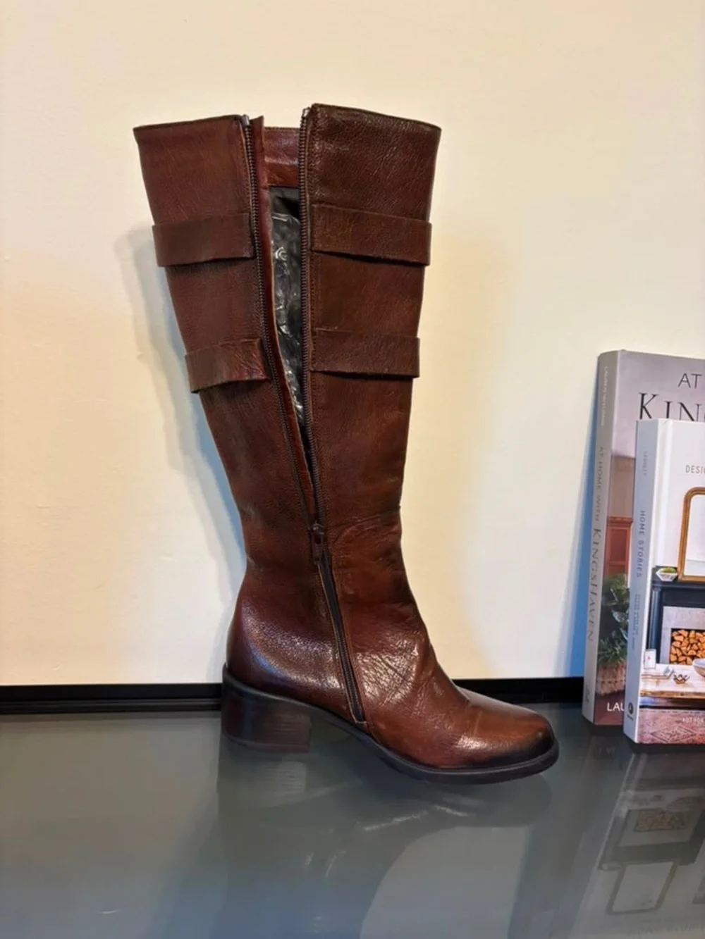 Emanuele Crasto Women’s leather Over-The-Knee Buckle Boots in Brown l